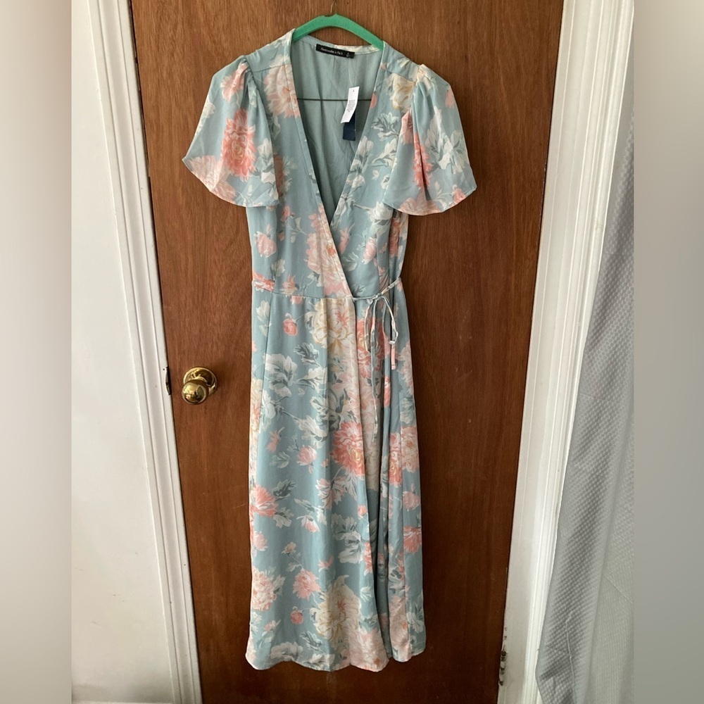 Wrap Floral Blue Pink Midi Dress